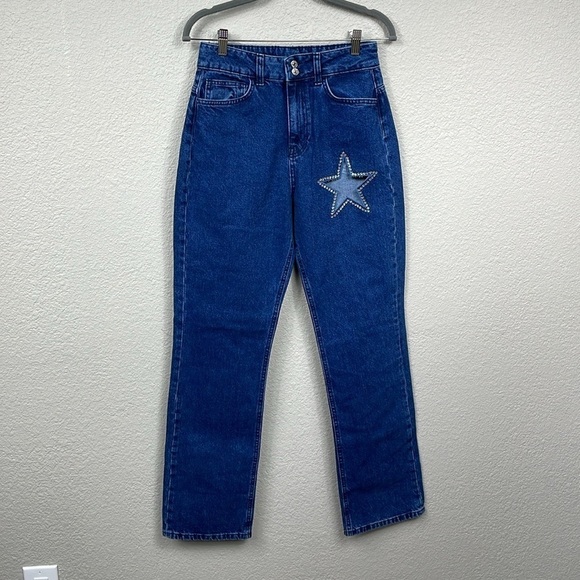 As You Rigid Denim High Rise Straight Leg Mom Jeans Crystal Star Cut Out Sz 28 - Picture 1 of 11